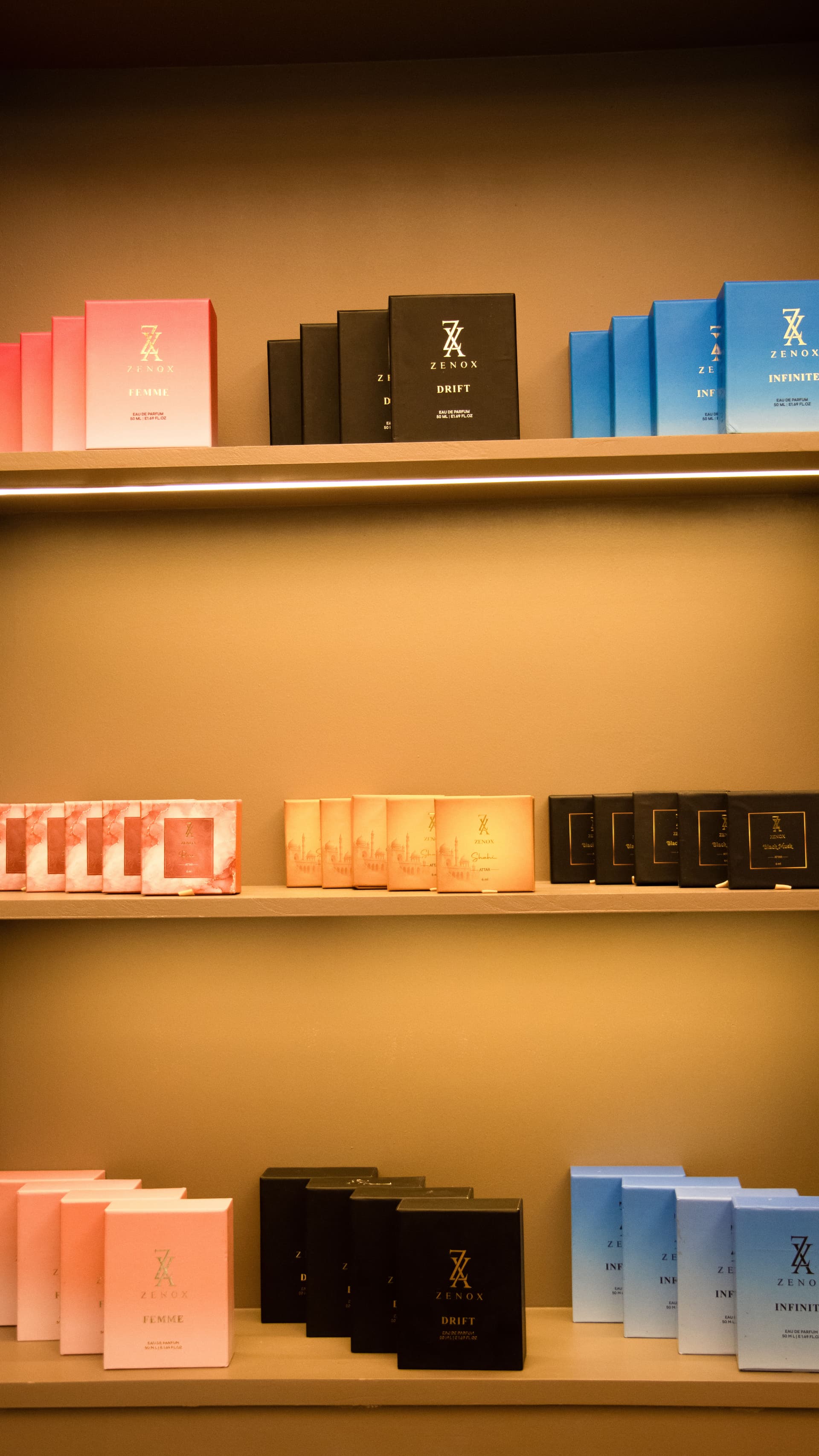Zenox perfume display shelves