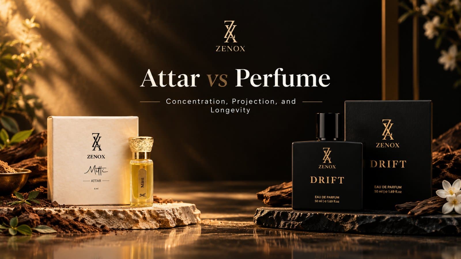 Attar vs perfume comparison showing an oil-based attar bottle and a spray perfume bottle